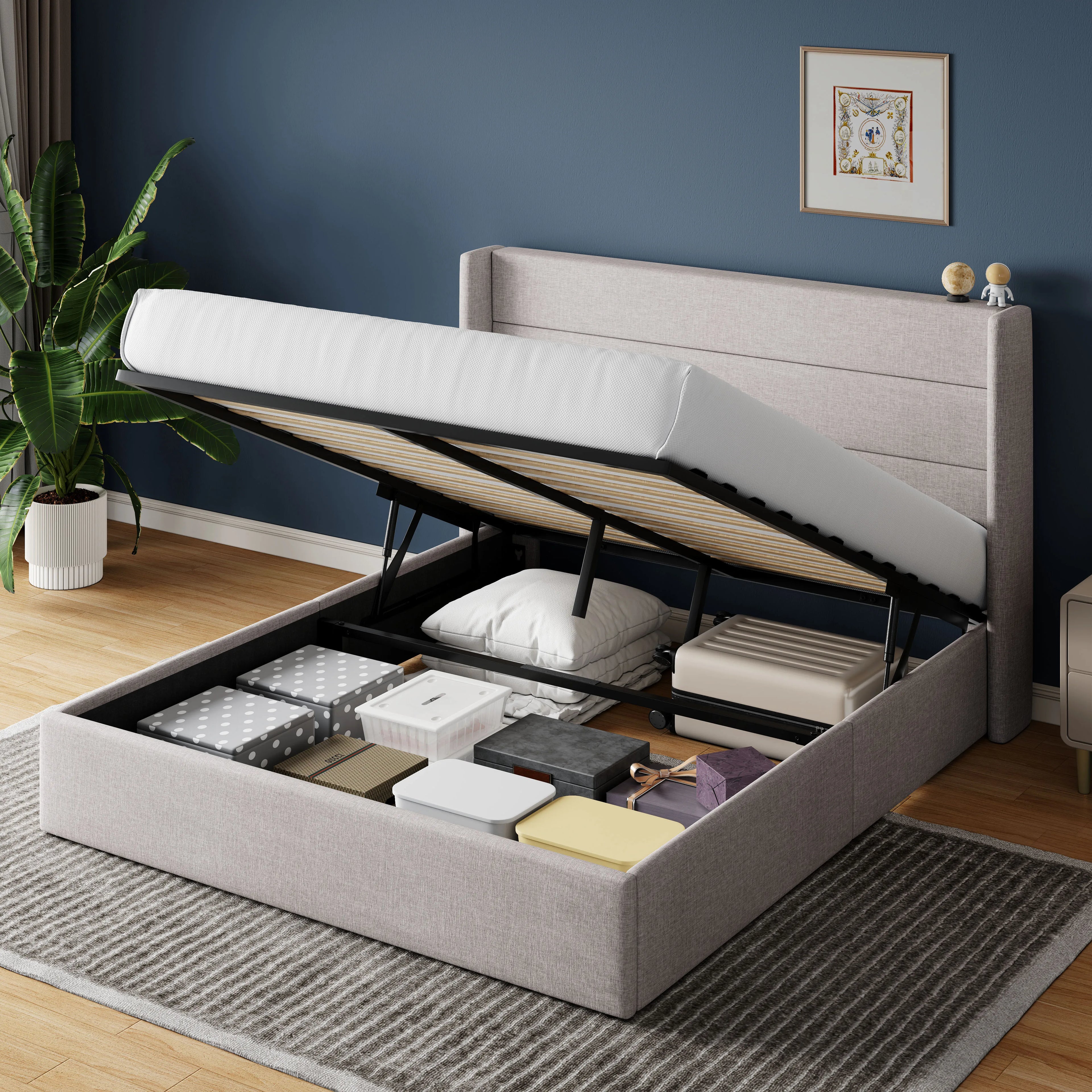 HOOMIC Lift Up Storage Bed With Wingback Headboard Hydraulic Lift
