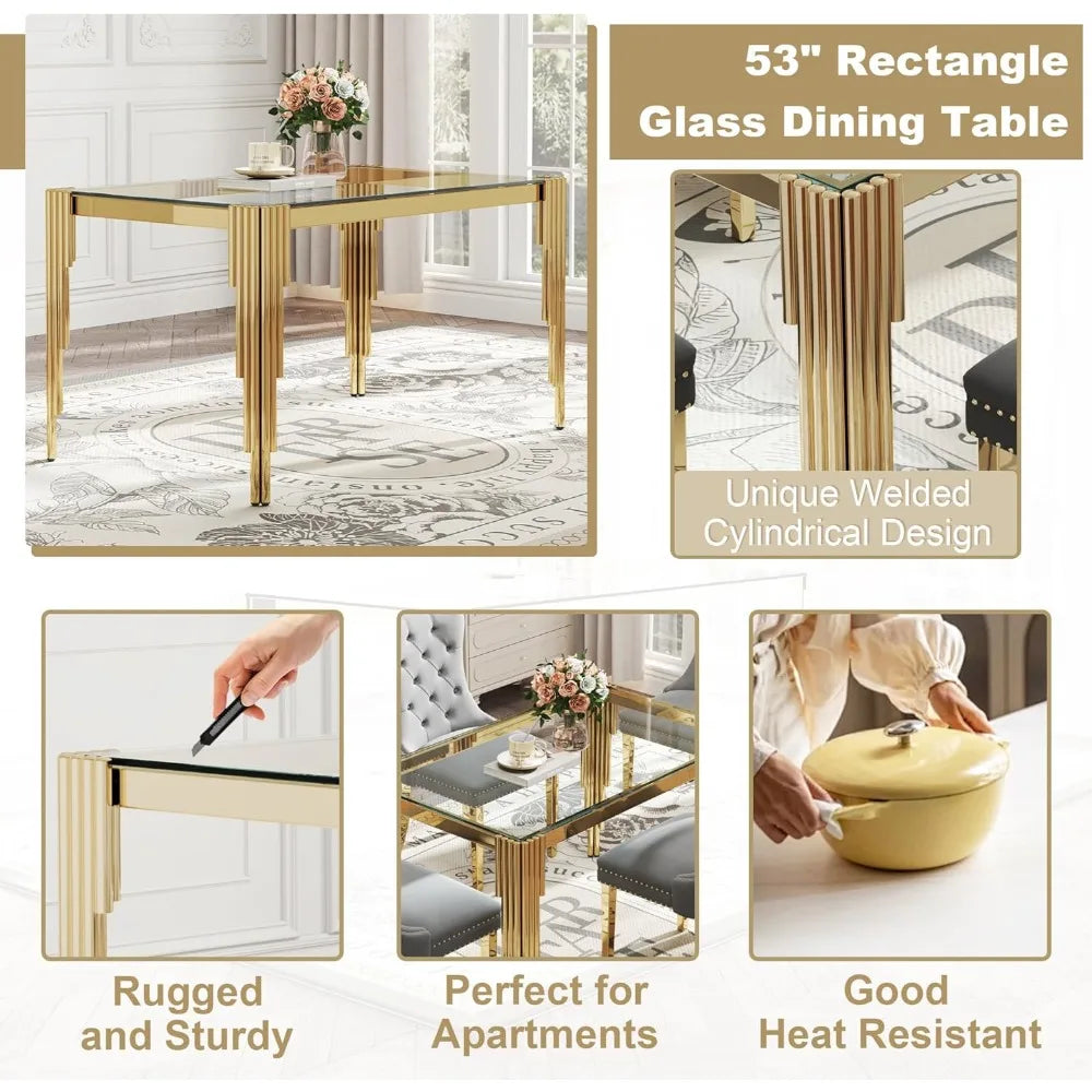 5 Piece Glass Dining Table Set for 4, 53" Rectangle Kitchen Table with 4 Gray Velvet Upholstered Chairs, Tempered Glass Tabletop