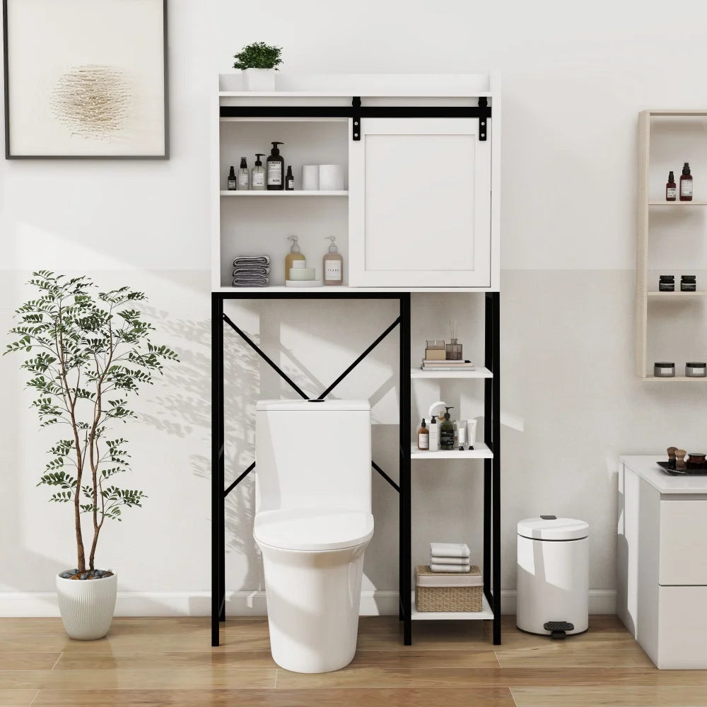 Bathroom rack with sliding barn door on toilet