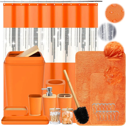 Sparkling Orange Bathroom Set with Sequin Shower Curtain and Soft Rugs - Complete Decor Kit