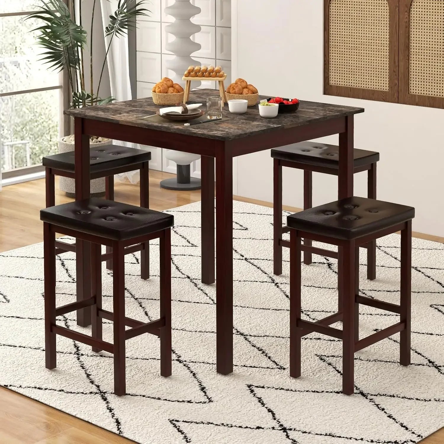 Dining Table Set for 4, Kitchen Table Chairs Set of 4, Counter Height Dining Table Set with 4 Bar Stools, Space-Saving Dinette T