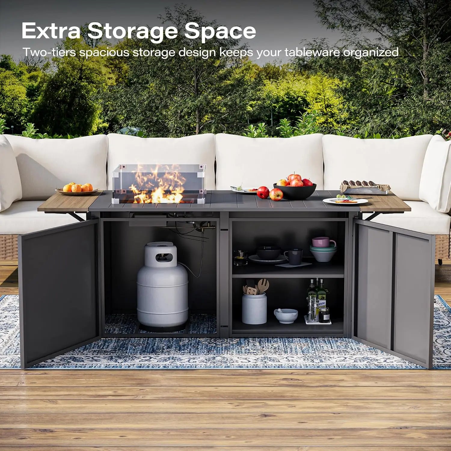 64" Gas Fire Pit Table for Outside Patio, 55,000 BTU Propane Firepit with Expandable Tabletop &amp; Wind Guard