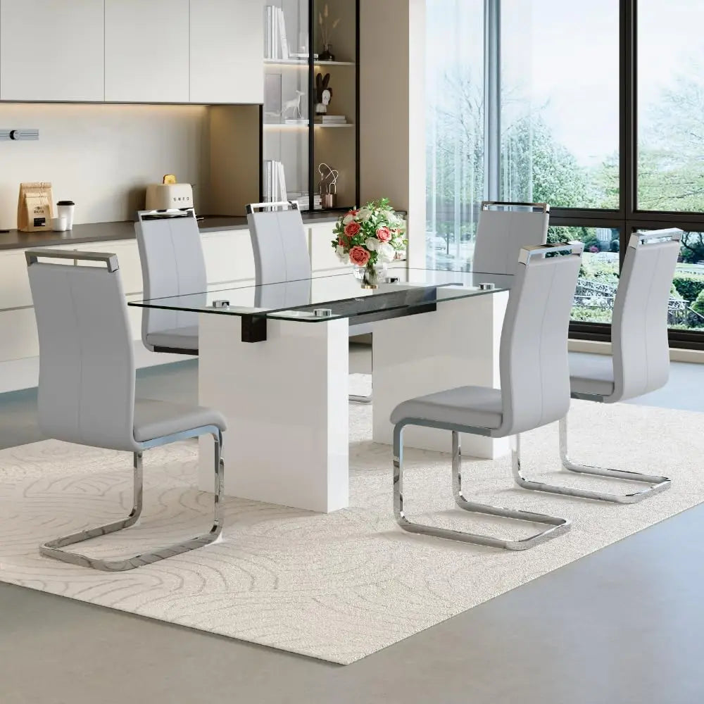 Glass Dining Table Set for 6, Modern Kitchen Table and Chairs for 6,71 in Glass Dining Table with 6 PU Leather, Customized