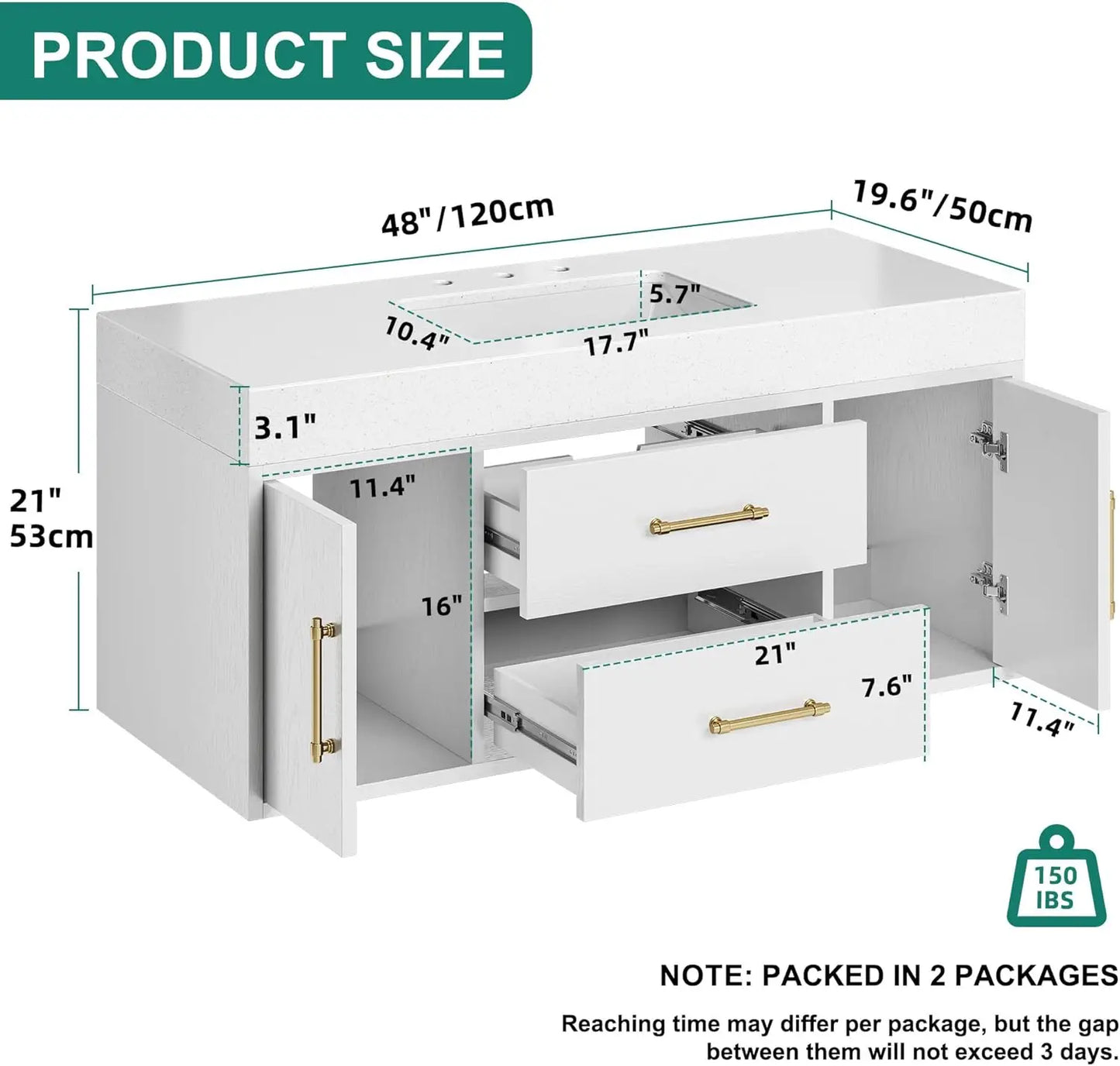White Floating Bathroom Vanity 48 Inch Wall Mounted Bathroom Vanity with White Sintered Stone Countertop
