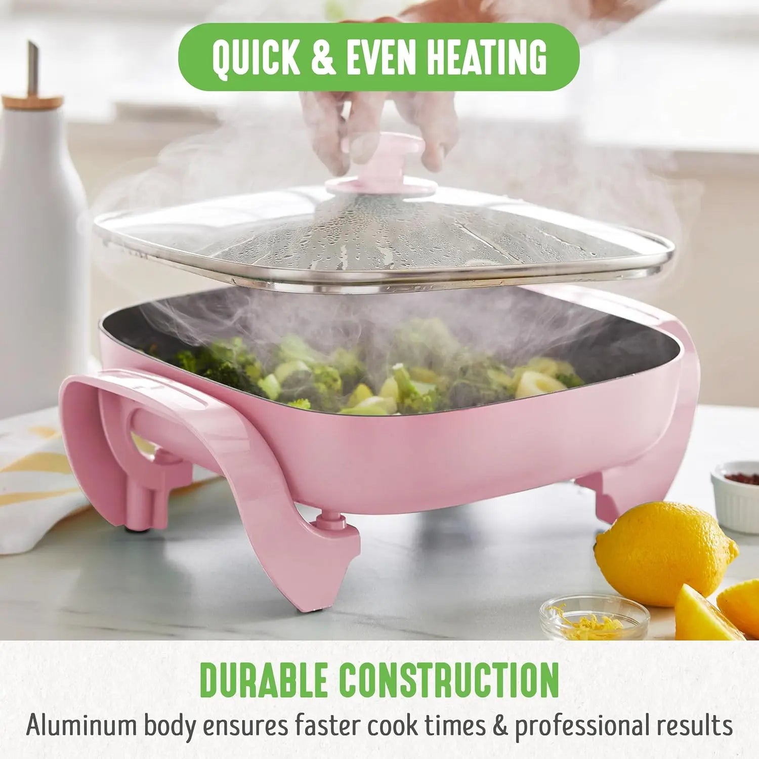 GreenLife 12" Square Electric Skillet with Glass Lid, Ceramic Nonstick, Adjustable Temp, Cool Handles, Pink