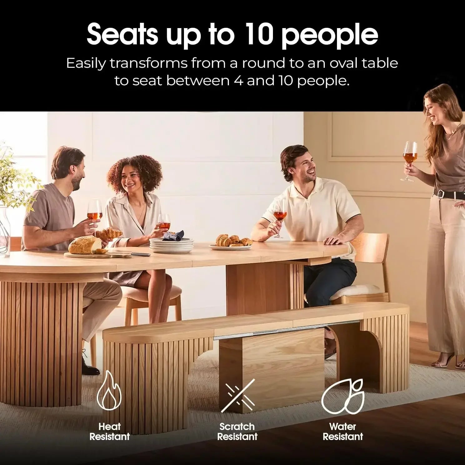 Table Expandable Round Dining Table Set for 4 to 8, Modern Dining Table and Chairs Set of 4 with Bench, Extendable Dining Room