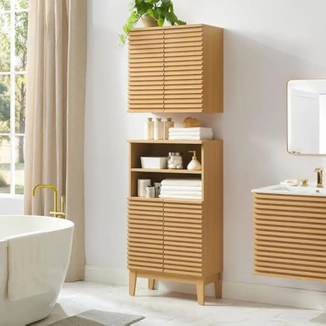 Render Oak Bathroom Cabinet Set – Freestanding Linen Unit + Wall-Mounted Storage Unit with Slatted Front Panels, Adjustable Inte