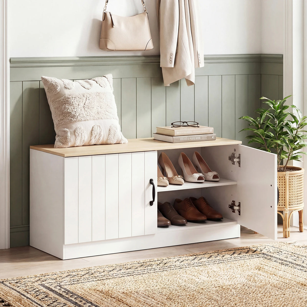 HOMASIS Shoe Bench With Adjustable Shelves And Hidden Storage