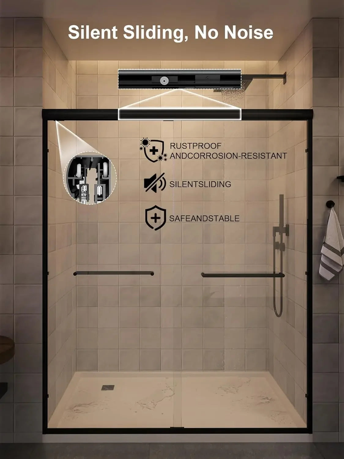 Glass Shower Door, 54”-60" W x 72" H Sliding Shower Door, Aluminum Semi-Frameless &amp; 1/4"(6mm) Clear Tempered with Explosion-Proo