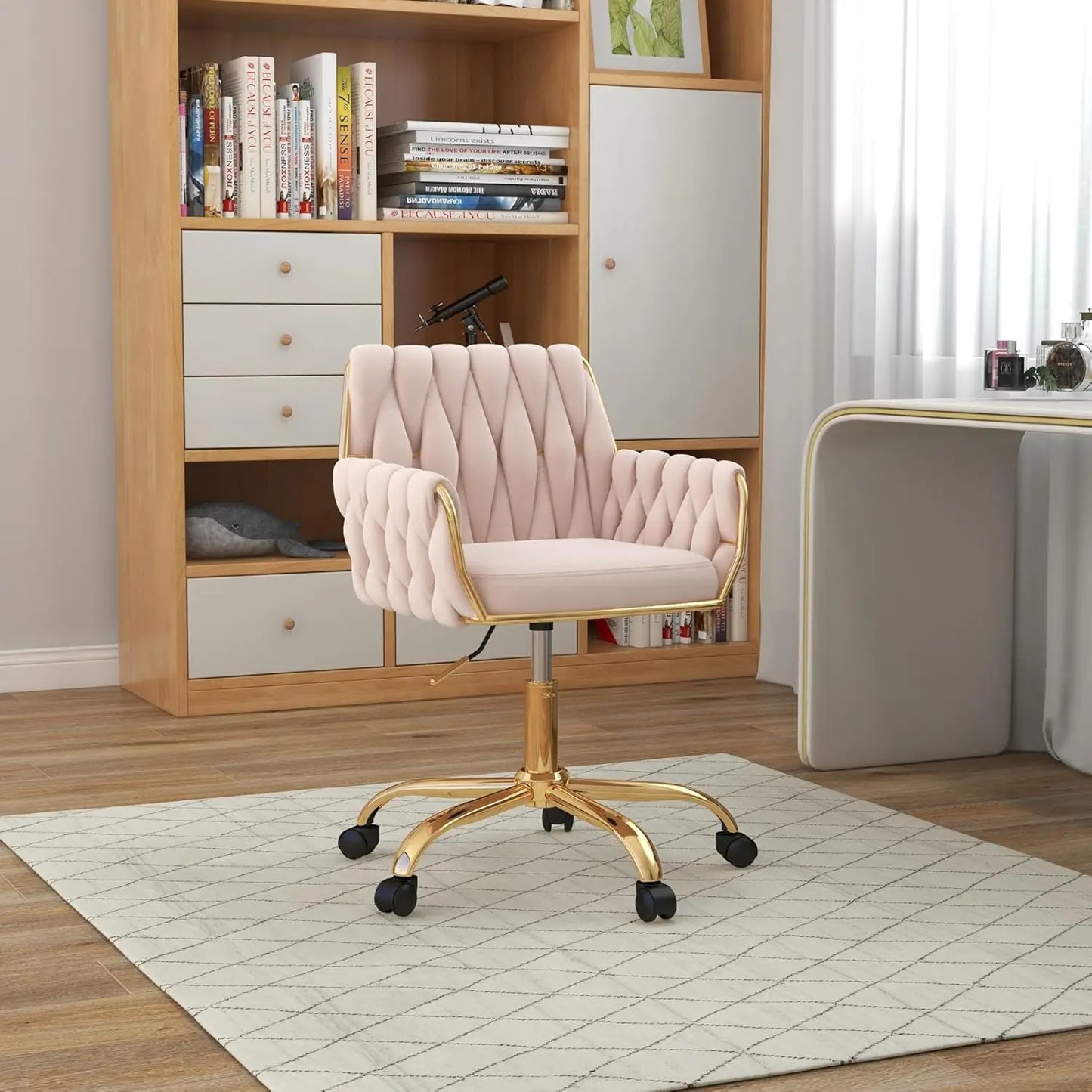 Velvet Home Office Chair, Modern Height Adjustable Cute Vanity Chair, 360° Swivel Makeup Chair Desk Chair with Golden Base