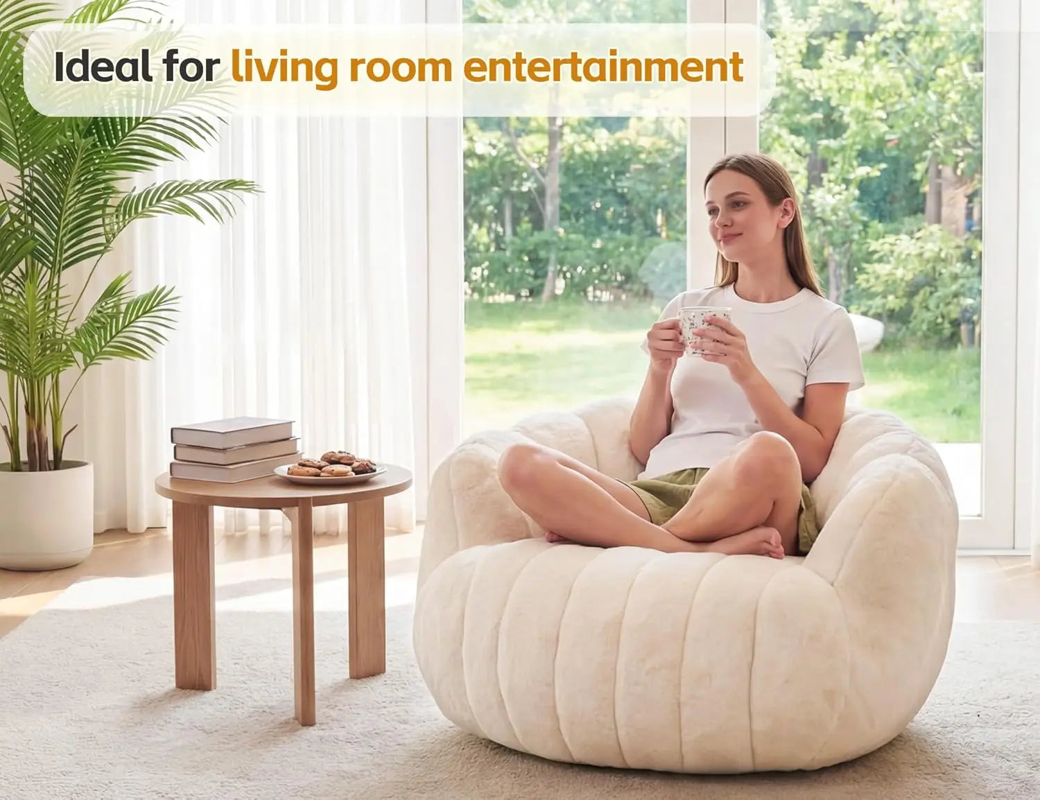 Pumpkin-Shaped Bean Bag Chair Ultra Soft Faux Fur Comfy Lounge Sofa Bedroom Living Game Room Beige,Customized