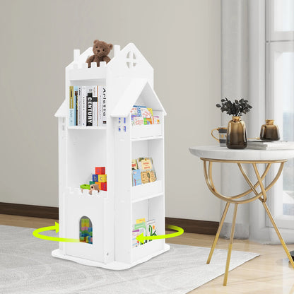 Rotating Kids Bookshelf 7 Tier Castle Design Book Toy Storage Organizer Book Display Shelf for Home Bedroom,3 Colors