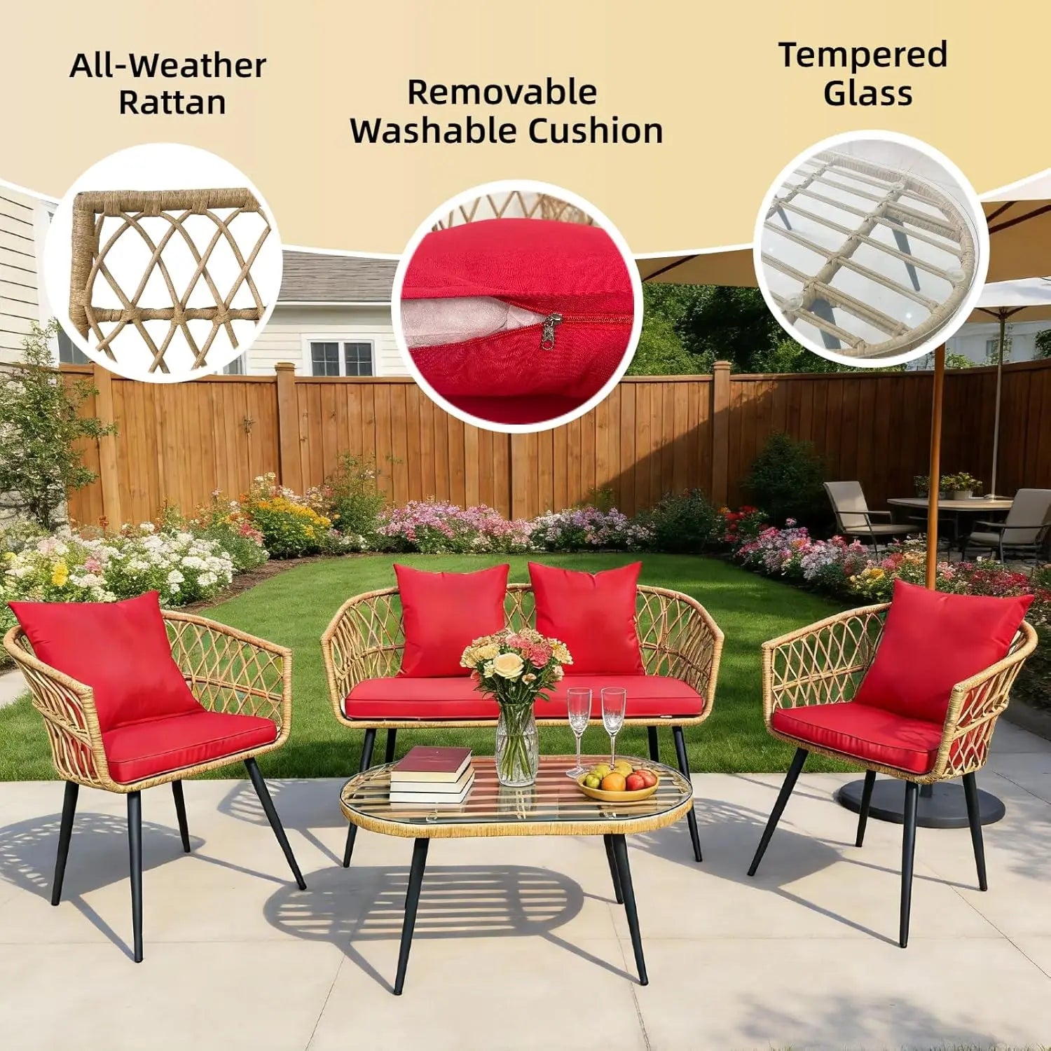 4 Piece Patio Furniture Set,Outdoor Conversation Set with Wicker Sofa, 2 Rattan Chairs and Glass Table, Patio, Customized