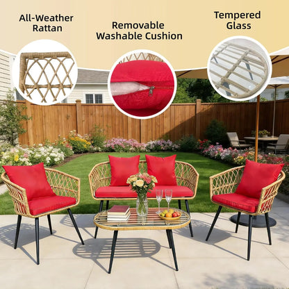 4 Piece Patio Furniture Set,Outdoor Conversation Set with Wicker Sofa, 2 Rattan Chairs and Glass Table, Patio, Customized