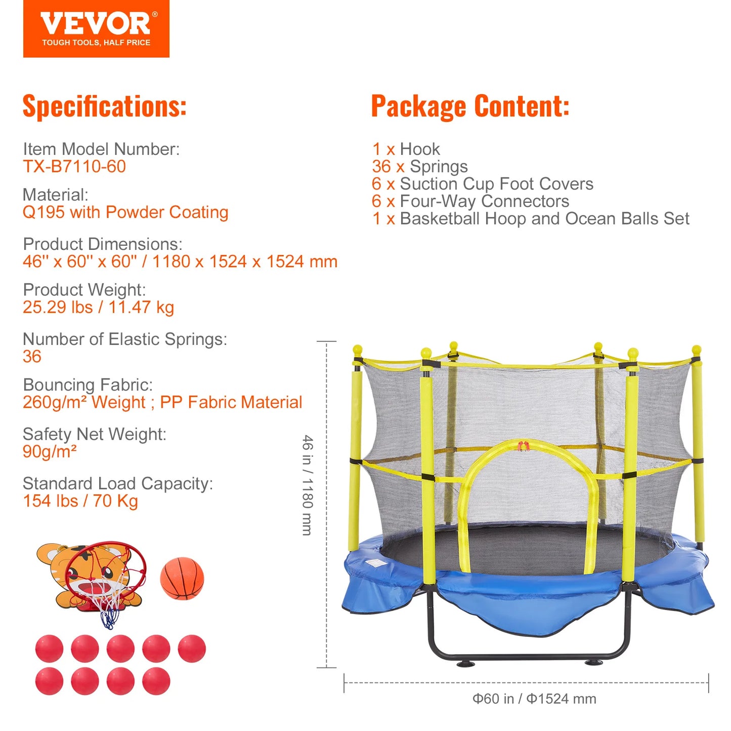 VEVOR Trampoline With Safety Enclosure Net And Basketball Hoop
