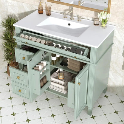 36" Free Standing Bathroom Vanity with Sink, Tip-Out Drawer &amp; 3 Drawers &amp; 2 Doors, Wood Cabinet with Ceramic Basin, Customized
