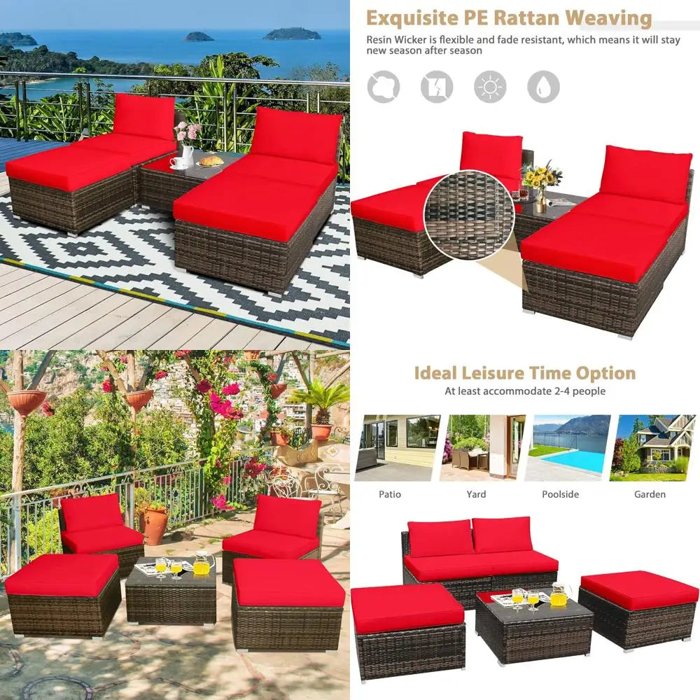 Outdoor Rattan Wicker 5 Piece Chaise Lounge Set With Ottoman