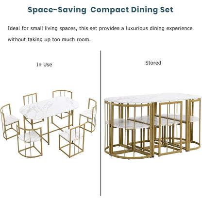 metal 7 piece kitchen dining table set with chairs for saving space metal dining room table set for 6 persons, golden white