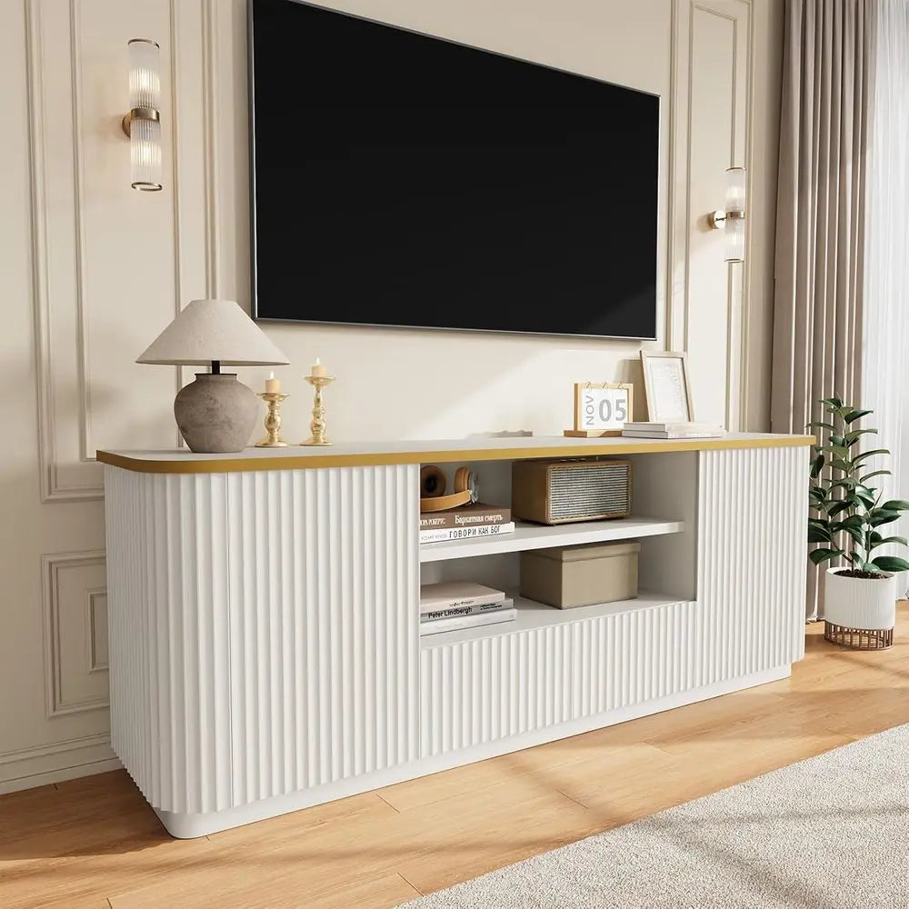 Modern Fluted Wood TV Stand With Storage Drawers And Cabinets