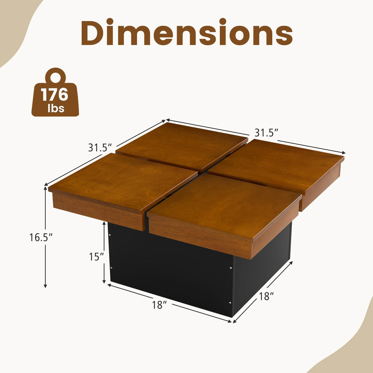 HOMASIS Square Coffee Table With Solid Wood Veneered Split Top