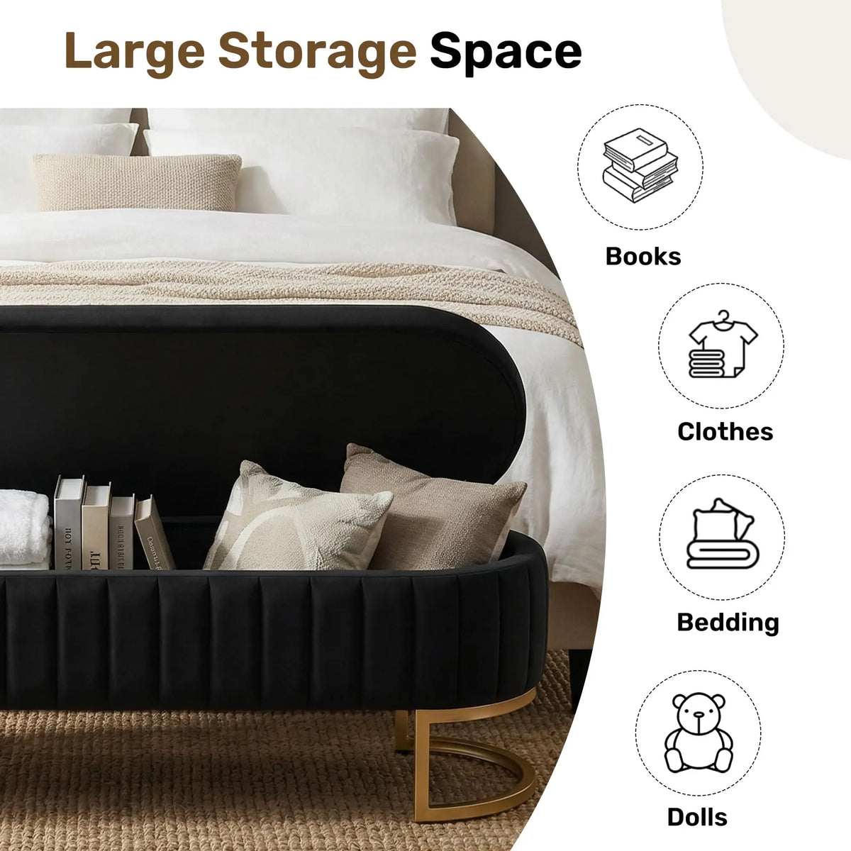 51in Velvet Tufted Storage Ottoman Bench with Flip-Top Lid and Gold Metal Legs