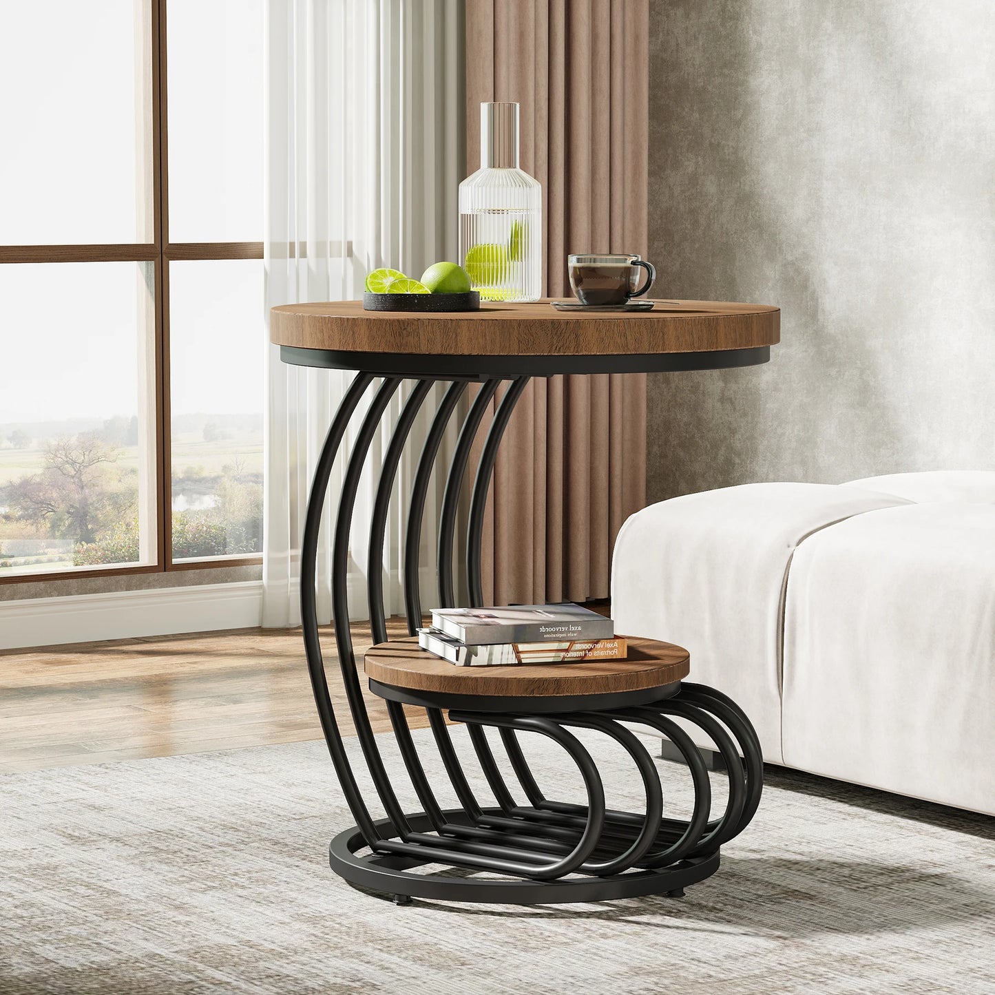 Tribesigns Round End Table With 2 Tiers Faux Marble Storage Shelf