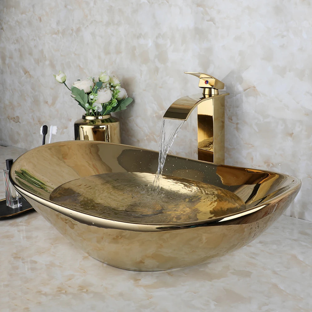 KEMAIDI 23 Inch Bathroom Vessel Sink Gold Ceramic Sink Bowl w/ Waterfall Faucet and Drain Combo Modern Vessel Sink Above Counter