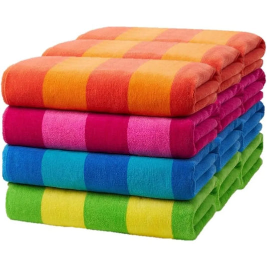 100% Cotton Velour Towels - Large Cotton Towels - Soft & Absorbant - Assorted Striped Colors - 30” x 60” - 12 Pack