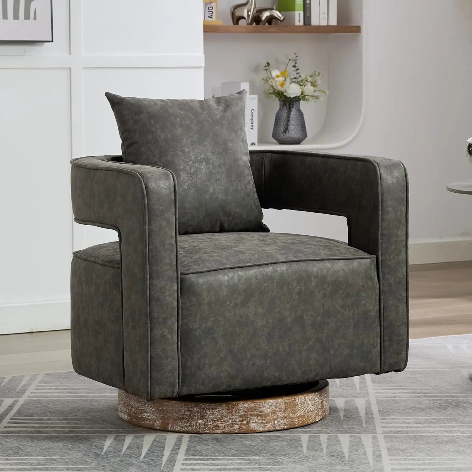 Upholstered Swivel Accent Chair Set of 2 Linen Open Back Barrel Chair with Pillow for Living Room, Beige