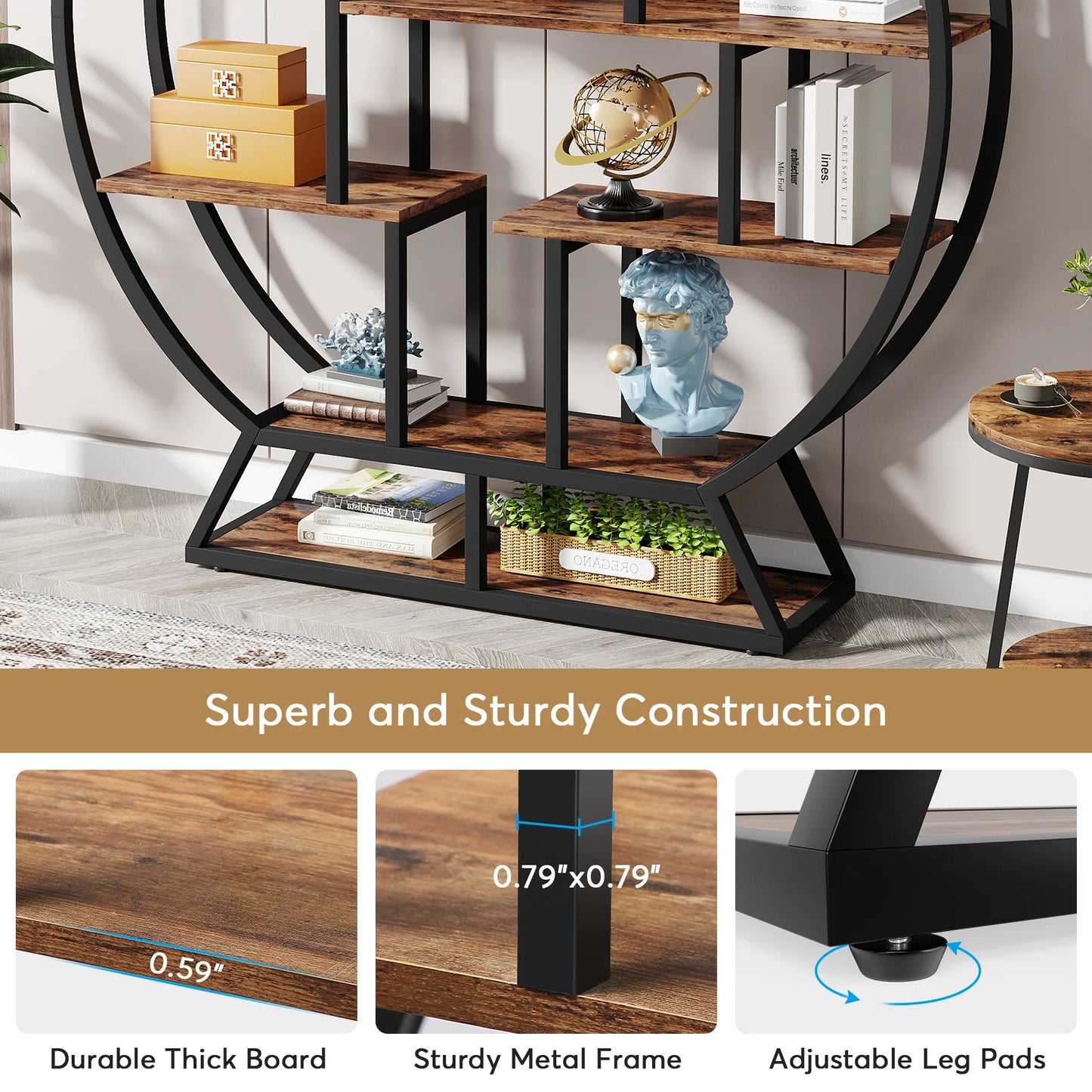 Tribesigns Round Etagere Bookshelf With Staggered Shelves Industrial Iron