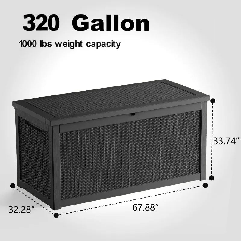 320 Gallon Waterproof Outdoor Storage Box, UV Resistant Resin Deck Box with Hydraulic Rod for Reinforced Stability, Perfect=