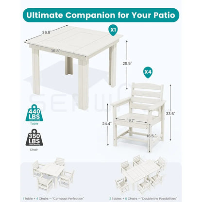 Outdoor Dining Set for 4, HDPE Square Table and Chairs Set All Weather Patio Dining Set with 4 Classic Dining Chairs, 5-Piece P