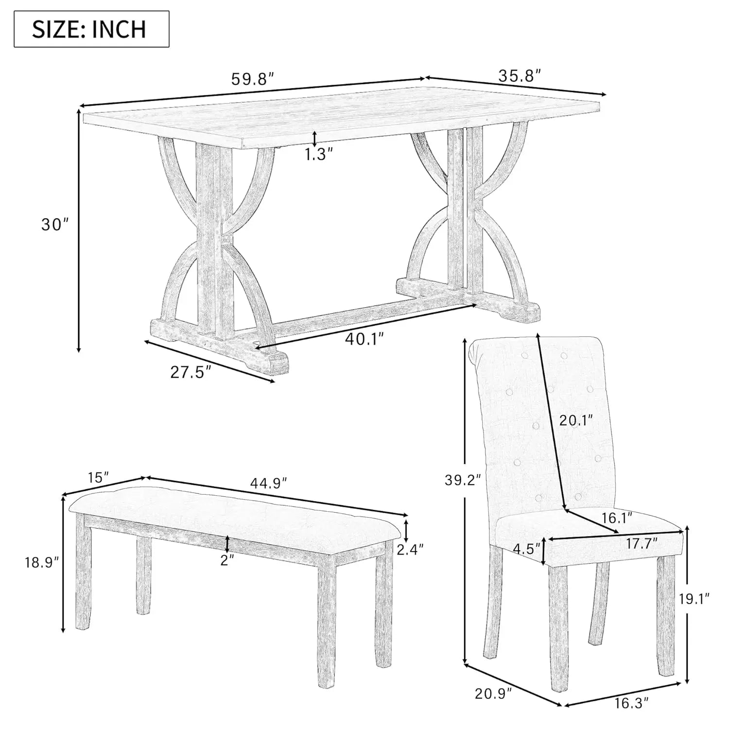 Solid Wood Kitchen Dining Room Table Set with Bench and Chairs for 6 Persons, Dining Table Set with with, Customized
