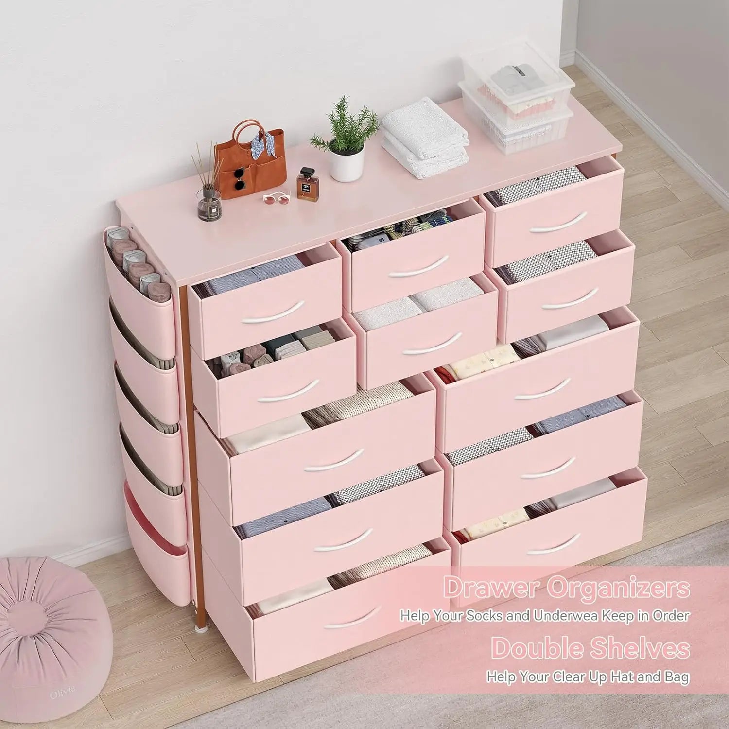 12 Dresser for Bedroom, Chest of Drawers with Side Pockets and Hooks Fabric Storage Dresser, Sturdy Steel Frame,Easy Pull Handle