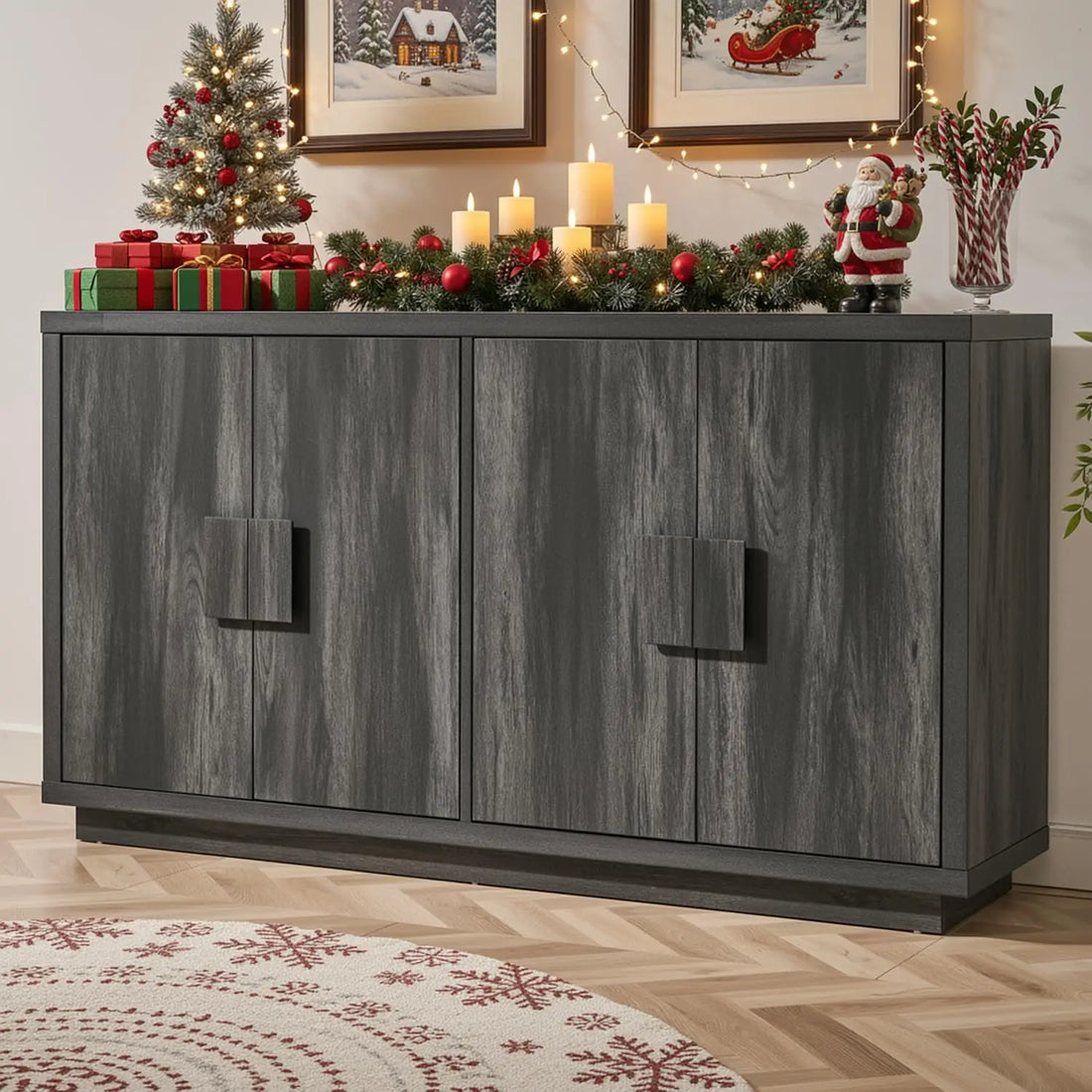 Buffet Cabinet With Storage, 63" Mid-Century Modern Sideboard Cabinet With 4 Doors &amp; Shelves, Kitchen Coffee Bar Credenza