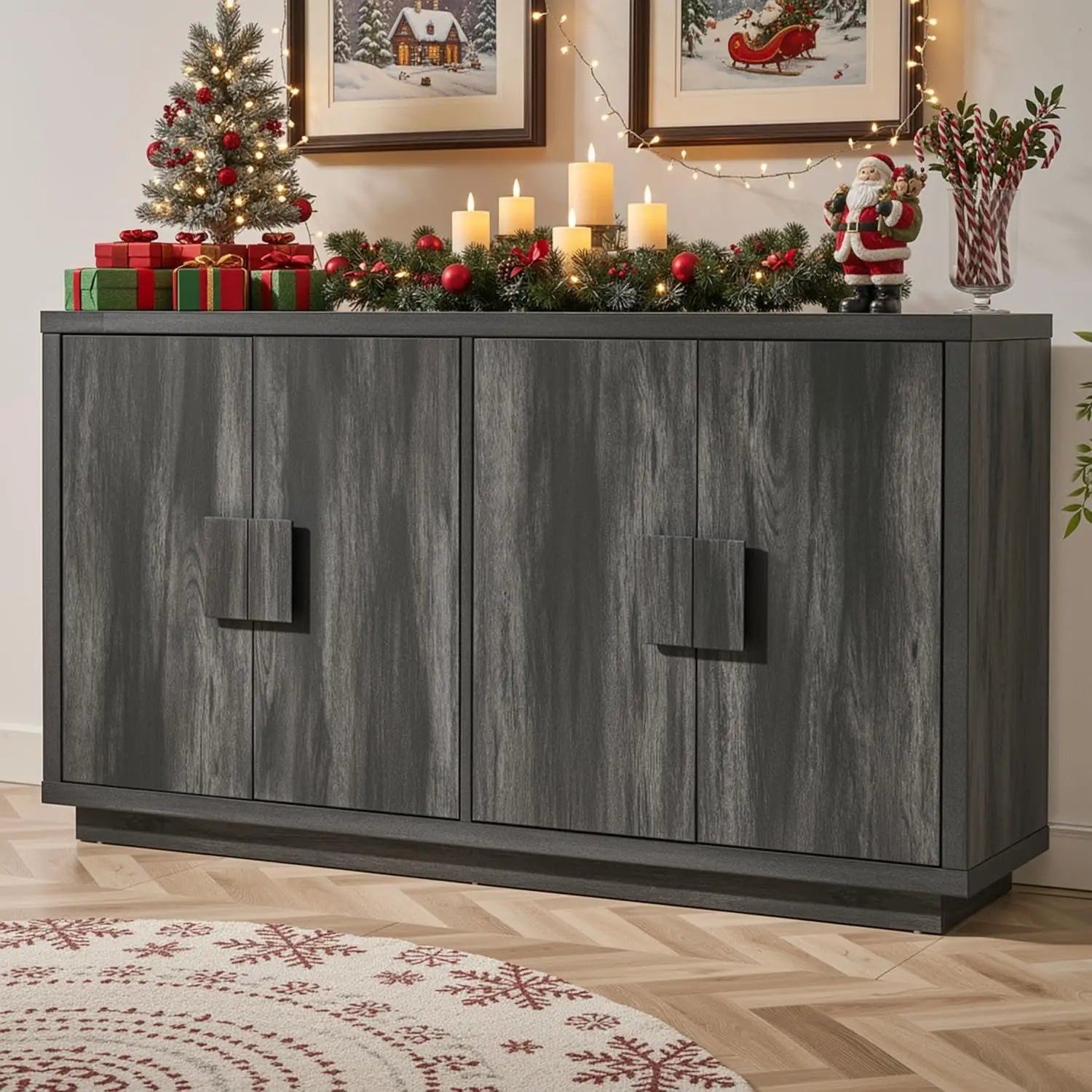 Buffet Cabinet With Storage, 63" Mid-Century Modern Sideboard Cabinet With 4 Doors &amp; Shelves, Kitchen Coffee Bar Credenza