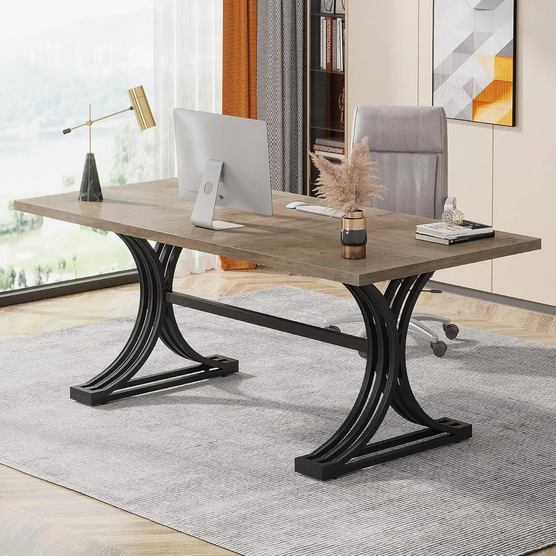 Office Desk, Modern Rectangular Executive Desk with Stylish Gold Legs,Faux Marble Table, Business Furniture for Home Office