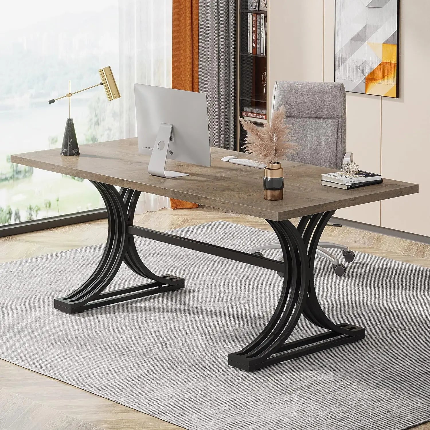 Office Desk, Modern Rectangular Executive Desk with Stylish Gold Legs,Faux Marble Table, Business Furniture for Home Office