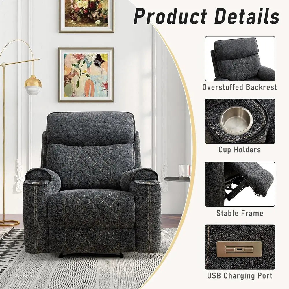 Grey Fabric Power Recliner with Metal Cup Holders, Heavy Duty Sofa Chair for Living Room or Bedroom