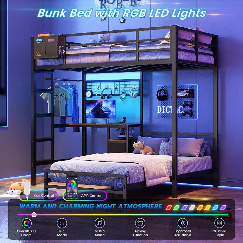 Bunk Bed with Desk,Led Lights and Charging Station Metal L-Shaped Twin Over Twin Bunk Beds with Storage Drawers and Shelv
