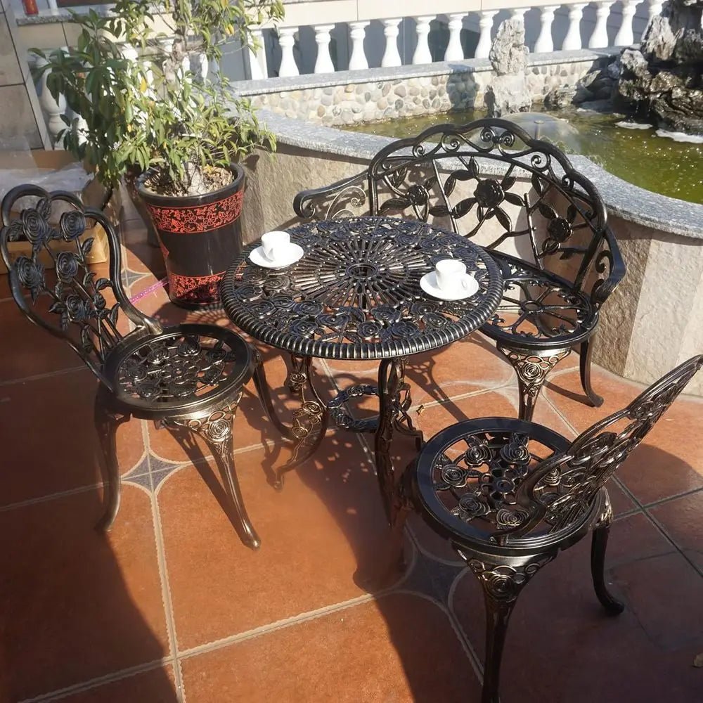 4-Piece Balcony Tables and Chairs, 1 Table, 2 Round Chairs and 1 Bench, Metal Cast, Bistro Suit, Garden Bench, Rose