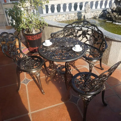 4-Piece Balcony Tables and Chairs, 1 Table, 2 Round Chairs and 1 Bench, Metal Cast, Bistro Suit, Garden Bench, Rose