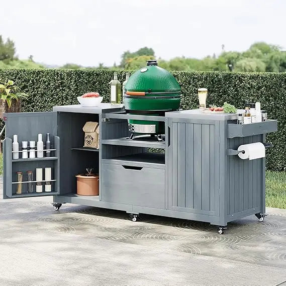 Outdoor Kitchen Island for Big Green Egg Grills, 66.5" Solid Wood Outdoor Grill Table with Stainless Steel Top, Rolling Kitchen