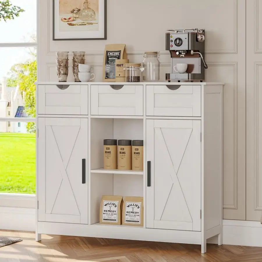 Cabinet, Coffee Bar Cabinet with 2 Adjustable Shelves, 3 Drawers, and 2 Doors, for Bathroom, Kitchen, Living Room White