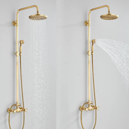 Antique Brass Shower Faucets Set Wall Mount Retro Shower Kit Dual Knobs Mixer Tap Handheld Spray Bathtub Kit
