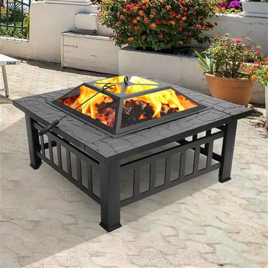 Multifunctional Fire Pit Table 32in Square Metal Firepit Stove Backyard Patio Garden Fireplace for Camping, Outdoor Heating