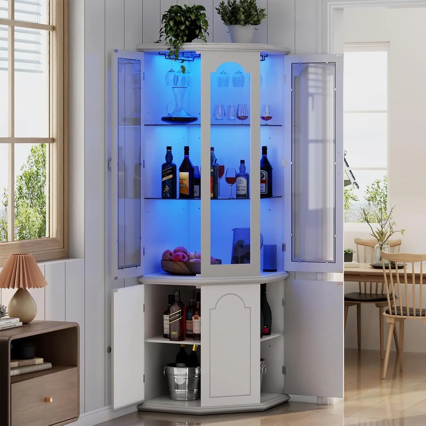 HOT SELLIG QUALITY Corner Bar Cabinet W/LED Lights, Tall Modern Wine Cabinet With Tempered Glass Door & Adjustable Shelves, Home