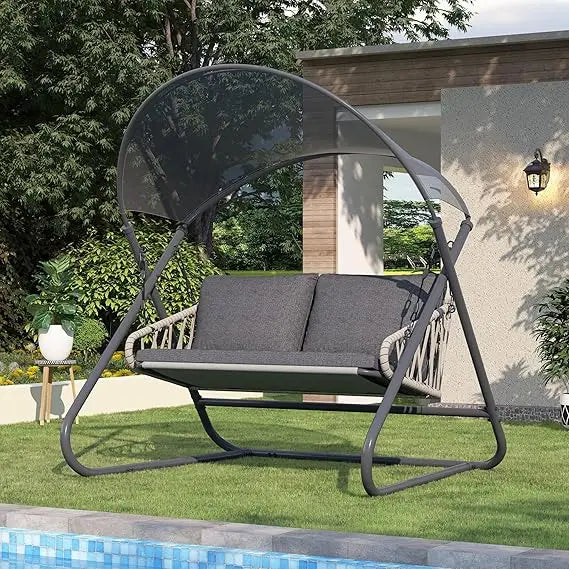 Outdoor Porch Swing, Patio Swing with Canopy, Hanging Glider Bench with Thicken Cushions and Pillow, Patio Hammock Lounge