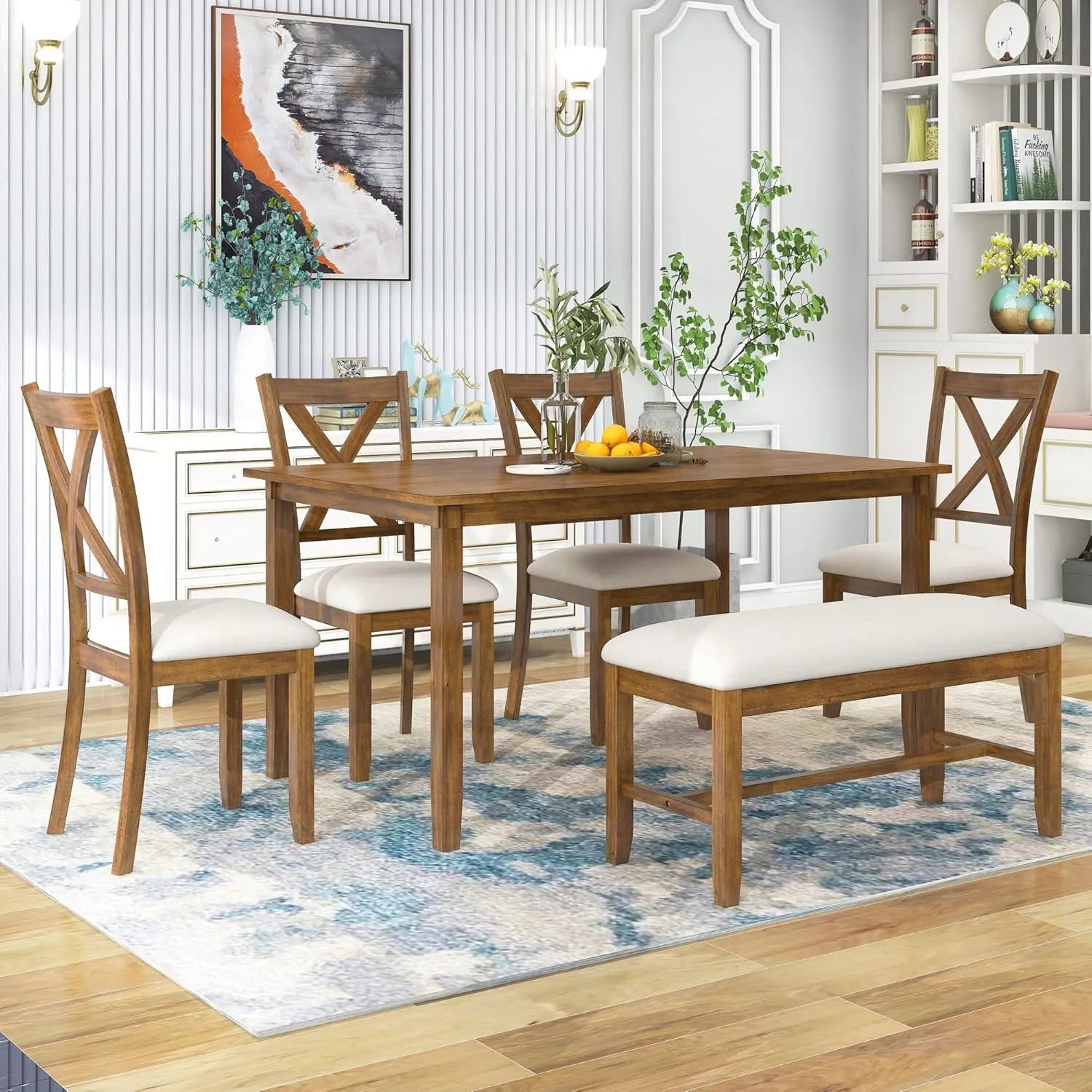 Solid Wood Kitchen Dining Room Table Set with Bench and Chairs for 6 Persons, Dining Table Set with with, Customized