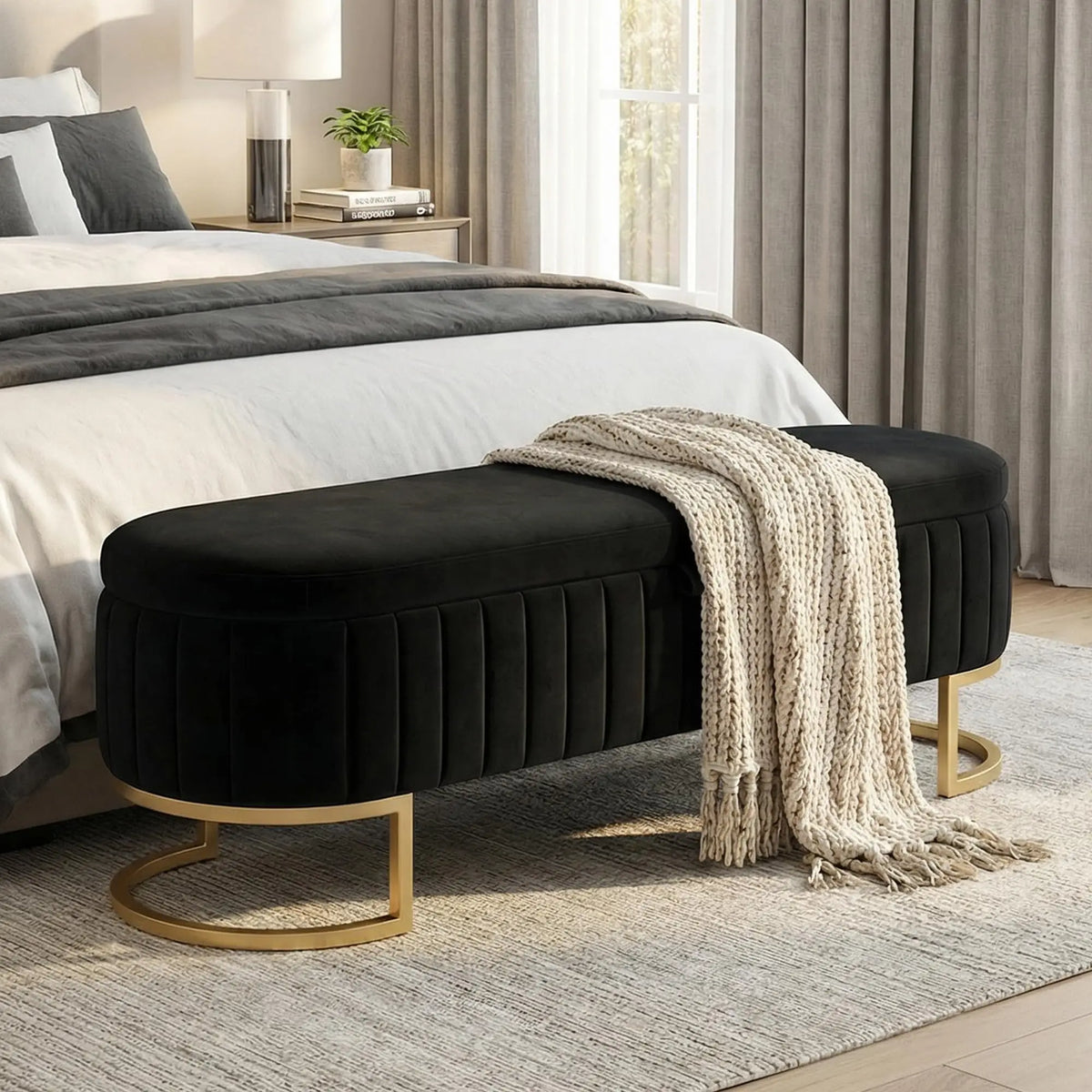 51in Velvet Tufted Storage Ottoman Bench with Flip-Top Lid and Gold Metal Legs